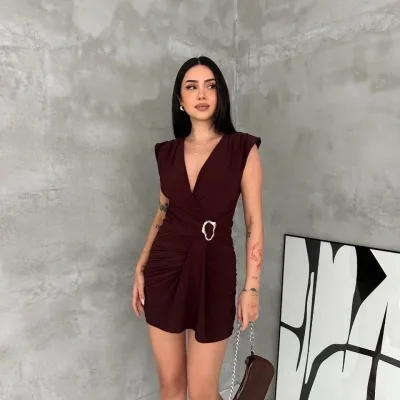 Qadın Qəhvəyi Kruvaze Drapeli Tokalı Mini Abiye Don 3