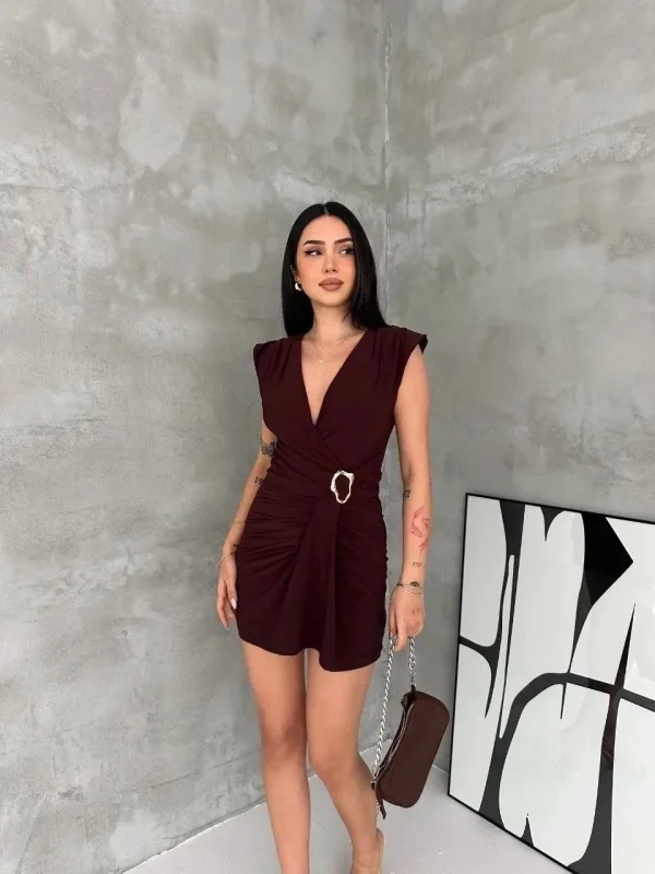 Qadın Qəhvəyi Kruvaze Drapeli Tokalı Mini Abiye Don 3