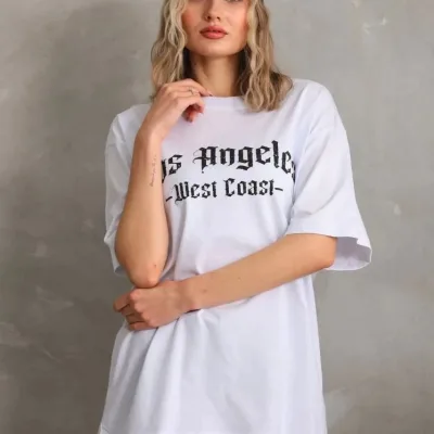 Γυναικείο Λευκό Oversize Στρογγυλό Λαιμό Τυπωμένο T-Shirt 5