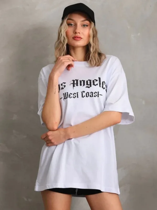 Γυναικείο Λευκό Oversize Στρογγυλό Λαιμό Τυπωμένο T-Shirt 5