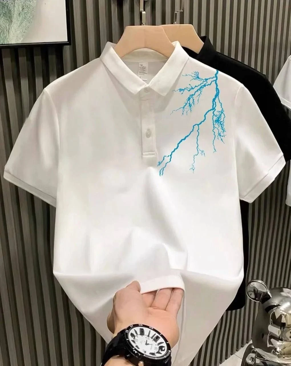 Men's White Buttoned Pike Lightning Printed Polo Neck T-Shirt
