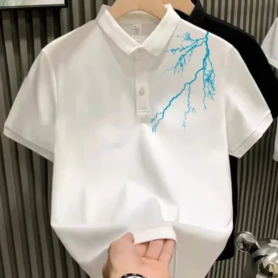 Men's White Buttoned Pike Lightning Printed Polo Neck T-Shirt 1