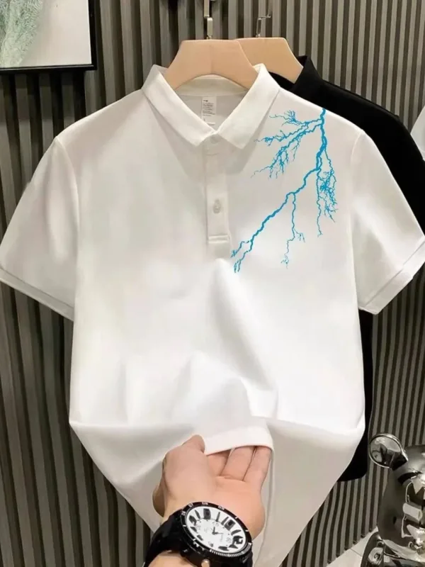 Men's White Buttoned Pike Lightning Printed Polo Neck T-Shirt 1