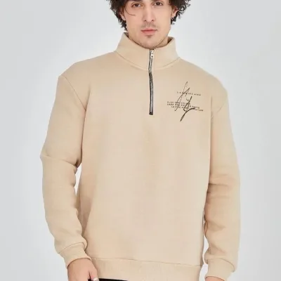 Men's Beige Half-Zip 3-Thread Cotton Printed Sweatshirt 2