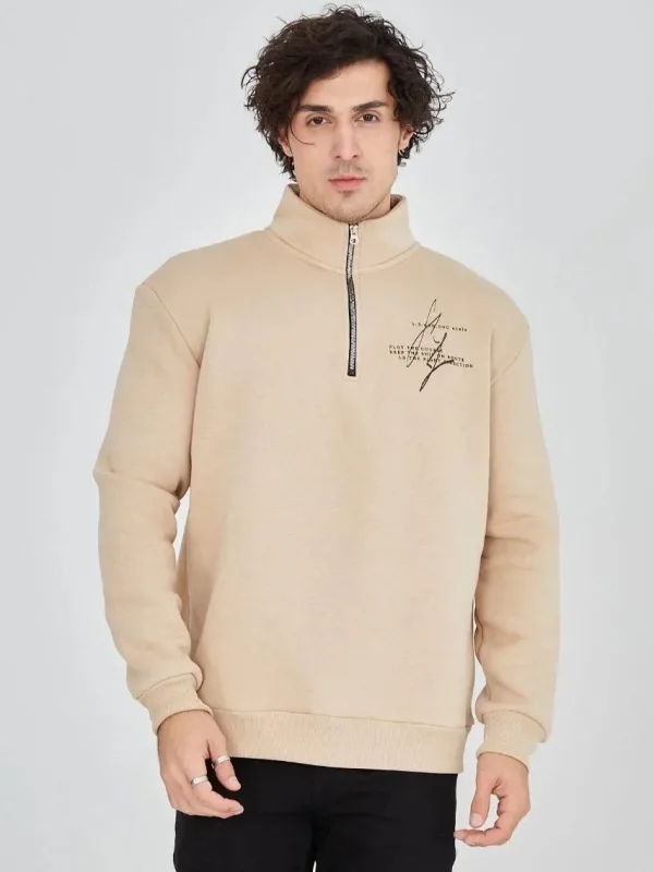 Men's Beige Half-Zip 3-Thread Cotton Printed Sweatshirt 2