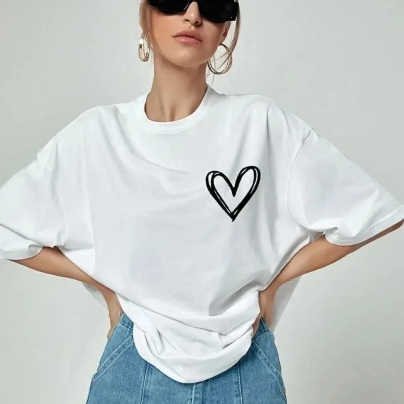 Γυναικείο Λευκό Oversize Στρογγυλό Λαιμό Τυπωμένο T-Shirt