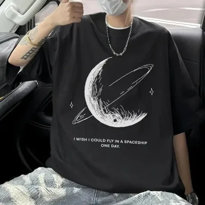 Men's Black Oversize Bicycle Neck Printed T-Shirt 2