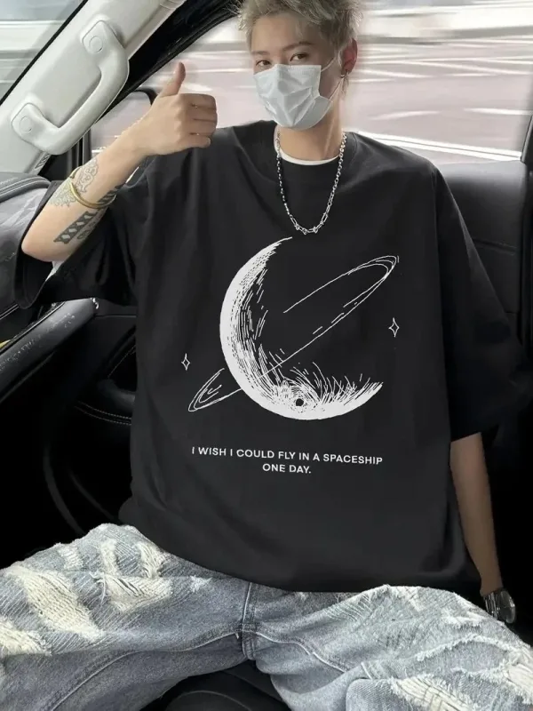 Men's Black Oversize Bicycle Neck Printed T-Shirt 2