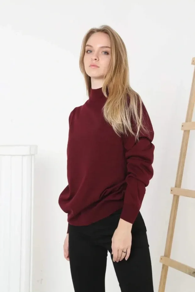 Dámský vínový měkký polorolák, bavlněný triko svetr 3