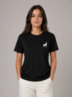 Dámské černé tričko s kulatým výstřihem, minimalistickým logem jelena, krátký rukáv