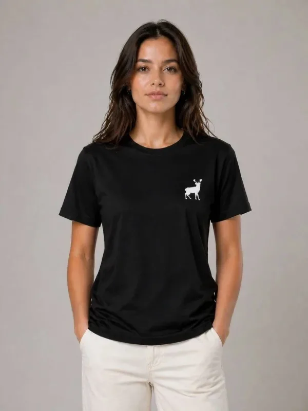 Dámské černé tričko s kulatým výstřihem, minimalistickým logem jelena, krátký rukáv 1
