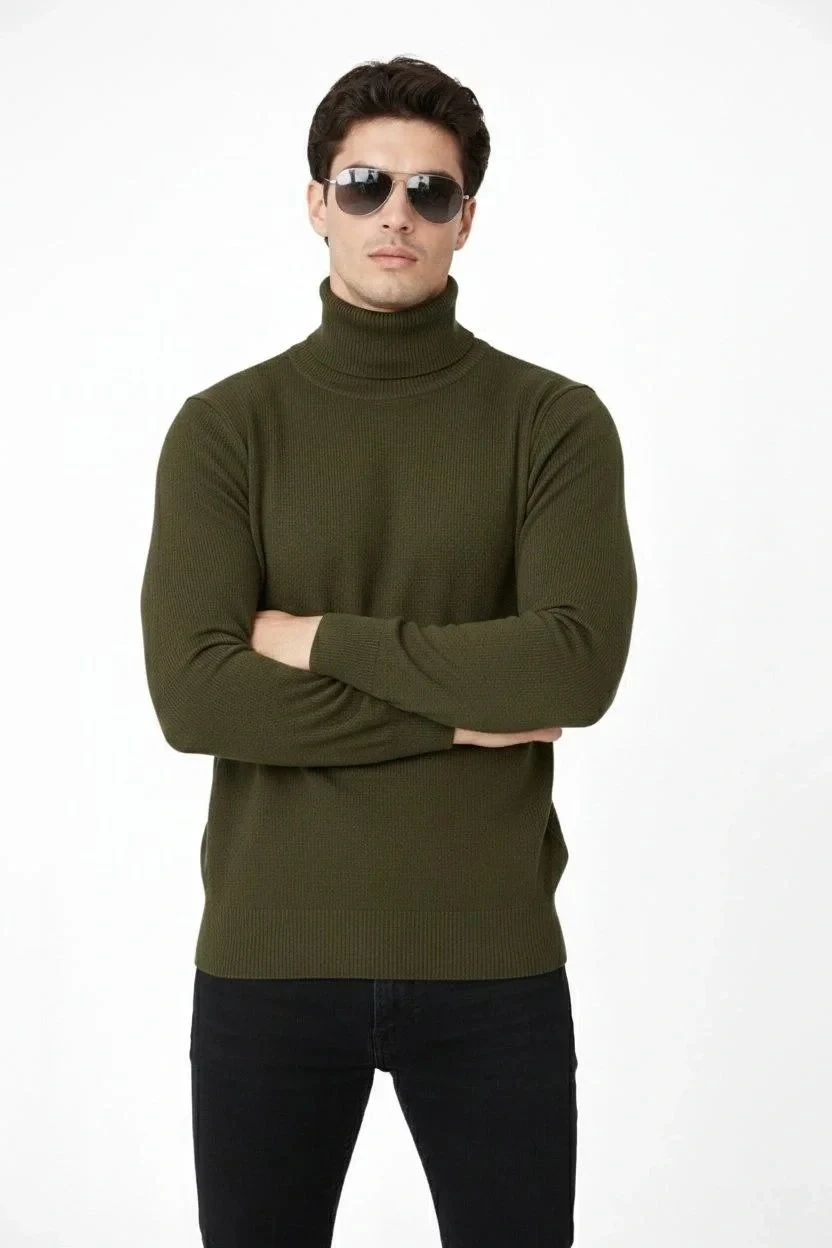 Men's Khaki Full Turtleneck Soft Textured Cotton Knit Sweater