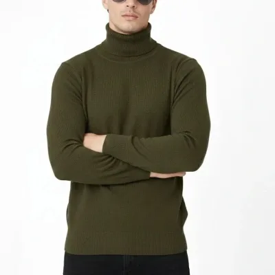 Men's Khaki Full Turtleneck Soft Textured Cotton Knit Sweater 1