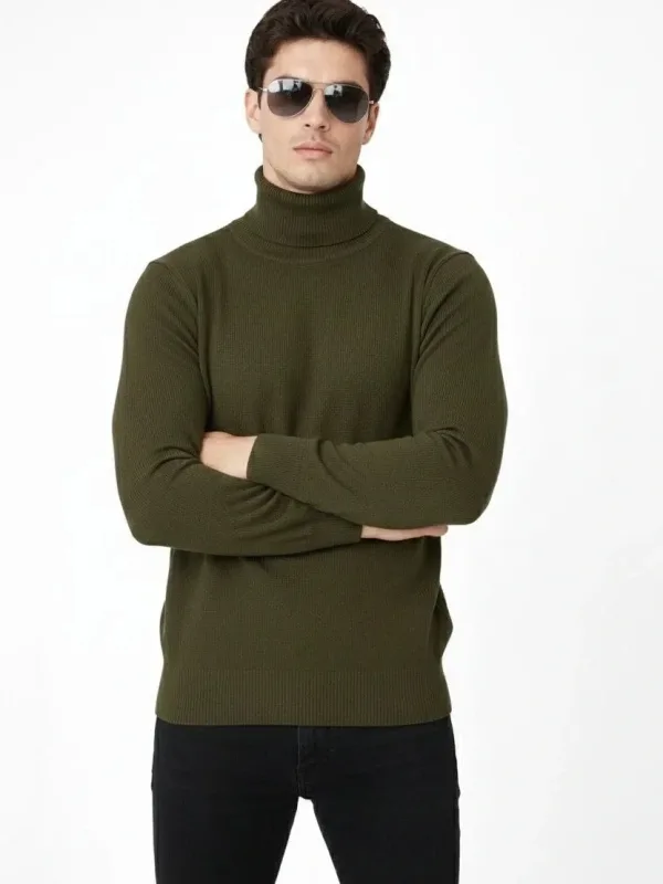 Men's Khaki Full Turtleneck Soft Textured Cotton Knit Sweater 1