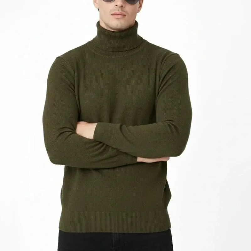 Masculin Haki Guler Turtleneck Textura Moale Tricou Bumbac