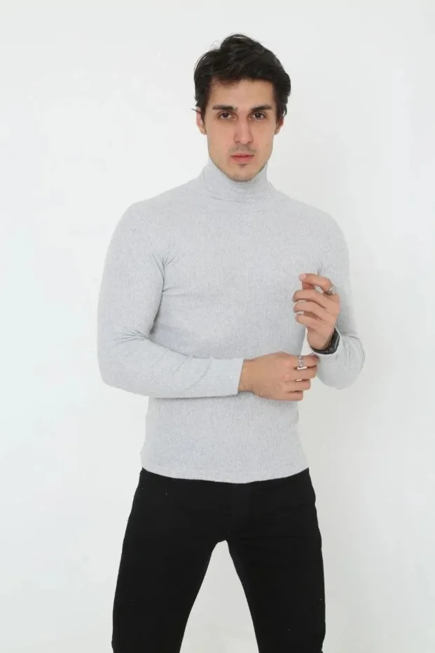 Férfi Szürke Slim Fit Likralı Turtleneck Bordázott Body 3