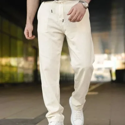 Men's Cream Linen Pants with Pockets, Elastic Waist and Drawstring 3