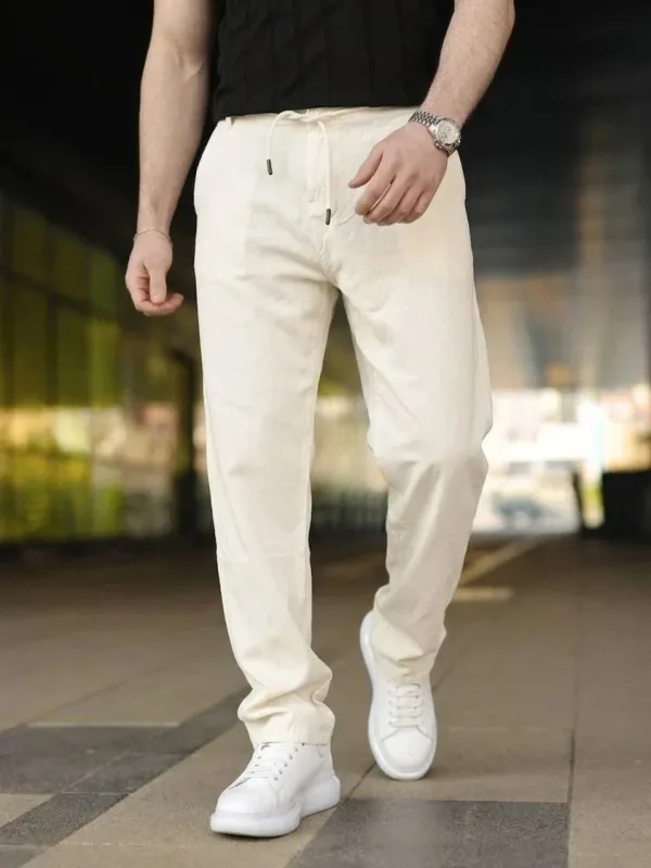 Men's Cream Linen Pants with Pockets, Elastic Waist and Drawstring 3