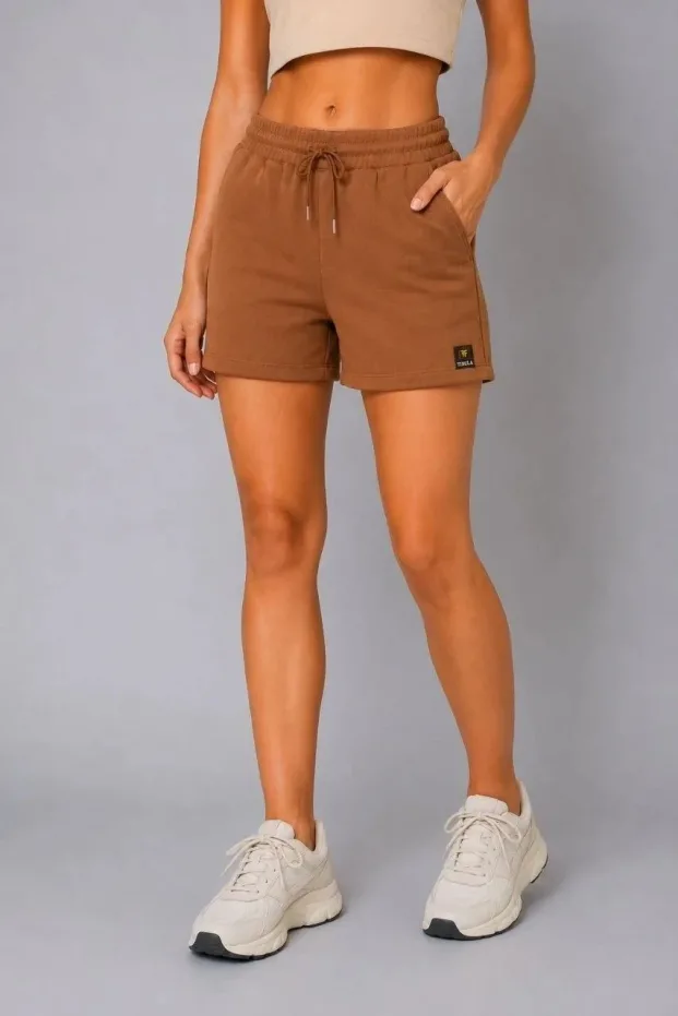Женски кафеави regular fit ткаенина џебови врвки шорцеви 1
