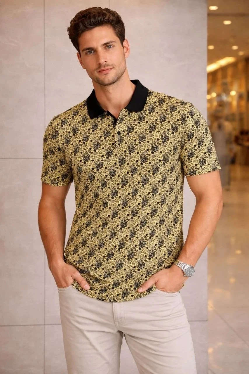 Man Yellow Pique Polo Collar Palm Patterned Short Sleeve T-Shirt