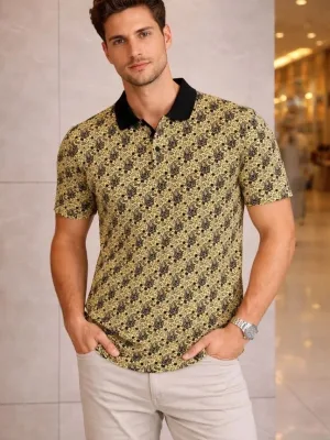 Man Yellow Pique Polo Collar Palm Patterned Short Sleeve T-Shirt