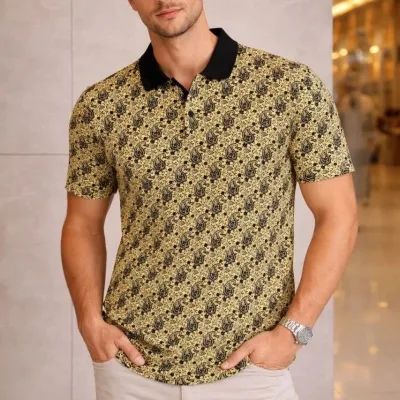 Man Yellow Pique Polo Collar Palm Patterned Short Sleeve T-Shirt 1