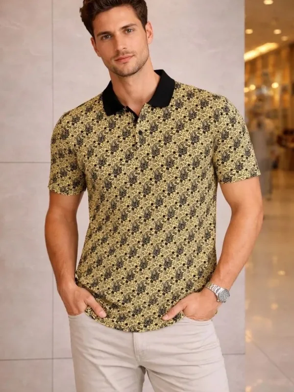 Man Yellow Pique Polo Collar Palm Patterned Short Sleeve T-Shirt 1