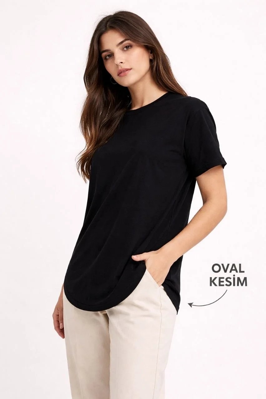 Kadın Siyah Oval Kesim Bisiklet Yaka Basic Tişört