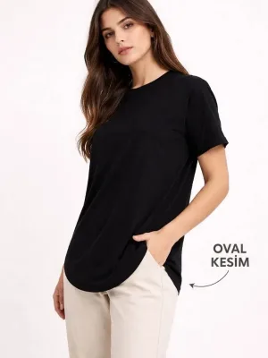 Kadın Siyah Oval Kesim Bisiklet Yaka Basic Tişört