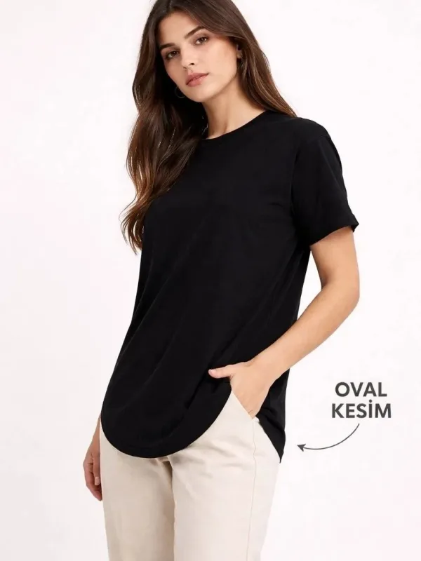 Kadın Siyah Oval Kesim Bisiklet Yaka Basic Tişört 1
