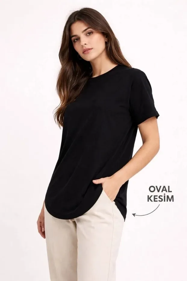 Kadın Siyah Oversize Bisiklet Yaka Pamuklu Baskılı Tişört 1