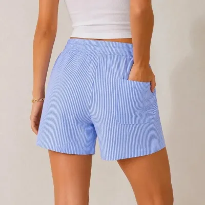 Femeia Șort de Vară Albastru, Regular Fit, Dungi, Cu Buzunare, Talie Elastică 3