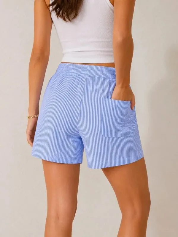 Femeia Șort de Vară Albastru, Regular Fit, Dungi, Cu Buzunare, Talie Elastică 3