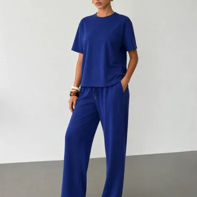 Kadın Lacivert Oversize Soft Modal Kumaş Kısa Kollu Bluz Pantolon Takım 4