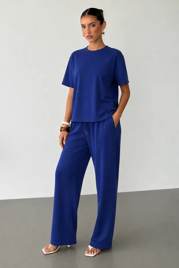 Kadın Lacivert Oversize Soft Modal Kumaş Kısa Kollu Bluz Pantolon Takım 4