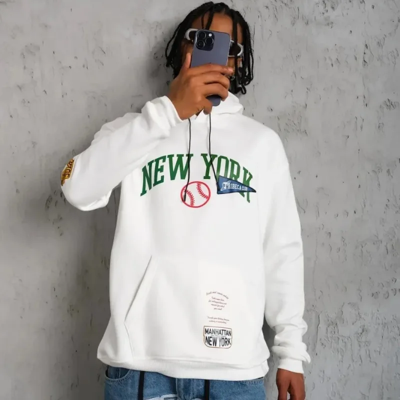 Muški bijeli oversize 3-nitni pamučni hoodie s printom