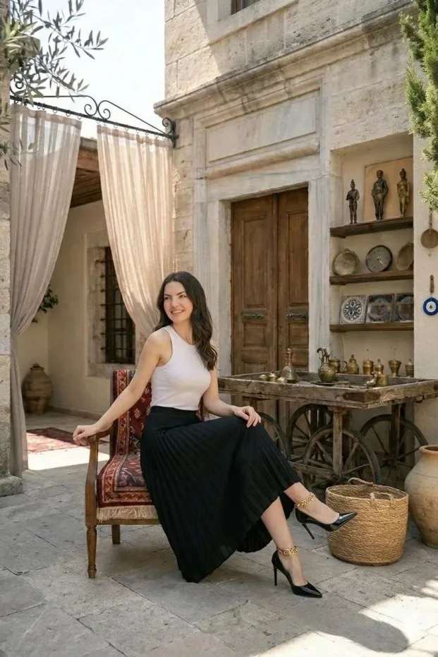 Ženska crna satenska plisirana midi suknja, elegantan i sofisticiran dizajn 1