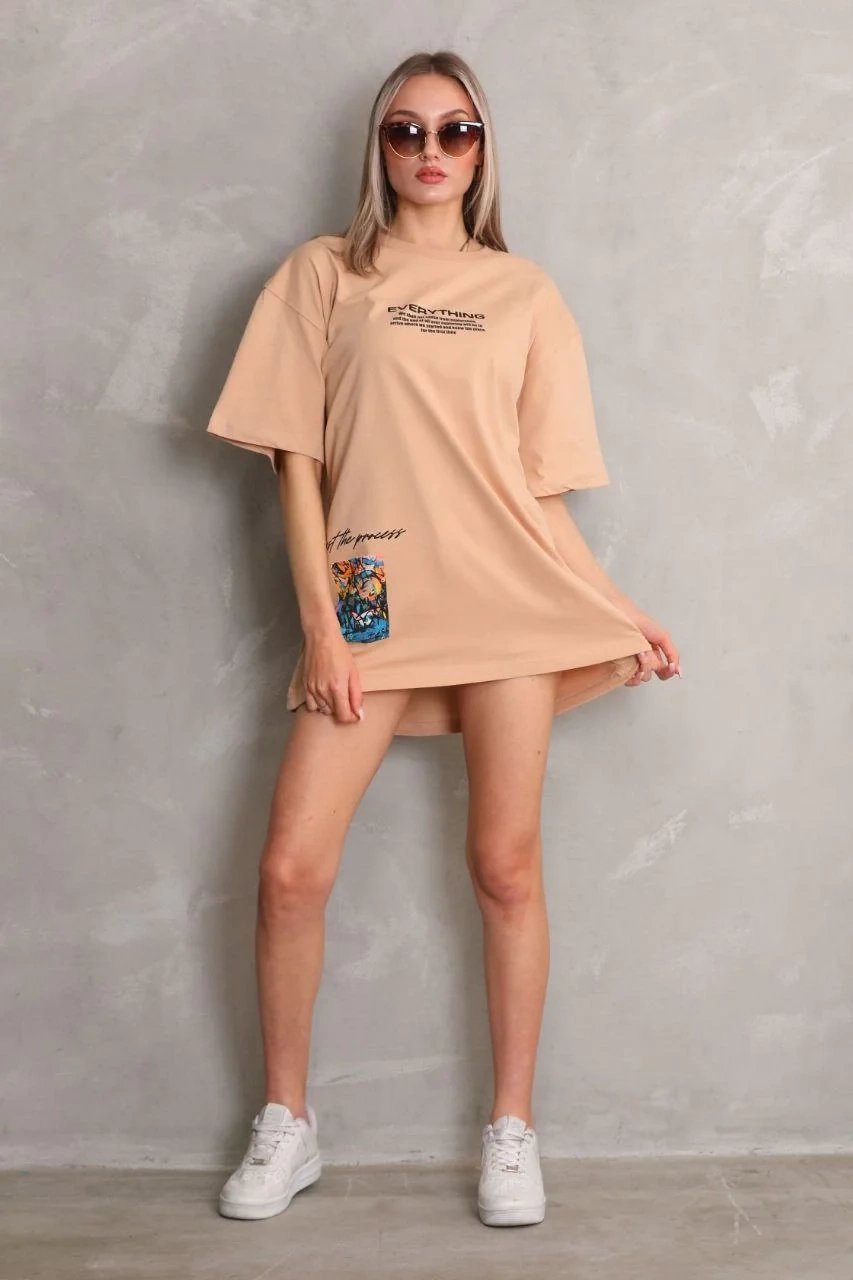 Женски Беж Oversize Бициклета Јака Печатена Кратка Ракав Маица 4