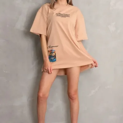 Женски Беж Oversize Бициклета Јака Печатена Кратка Ракав Маица 4