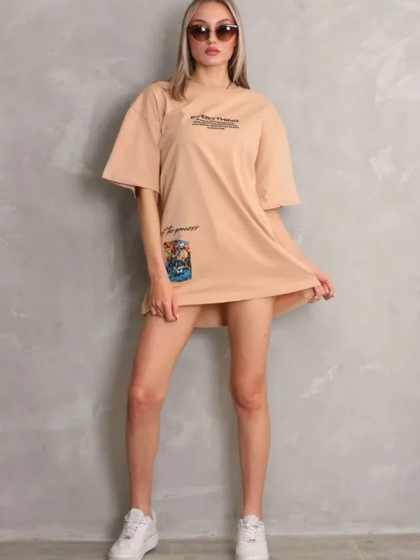 Женски Беж Oversize Бициклета Јака Печатена Кратка Ракав Маица 4
