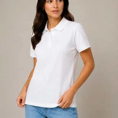 Women's 2-Piece Set Pique Fabric Polo Neck Button Basic T-Shirt 4