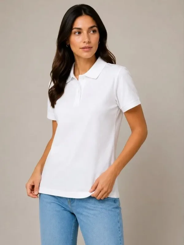 Women's 2-Piece Set Pique Fabric Polo Neck Button Basic T-Shirt 4