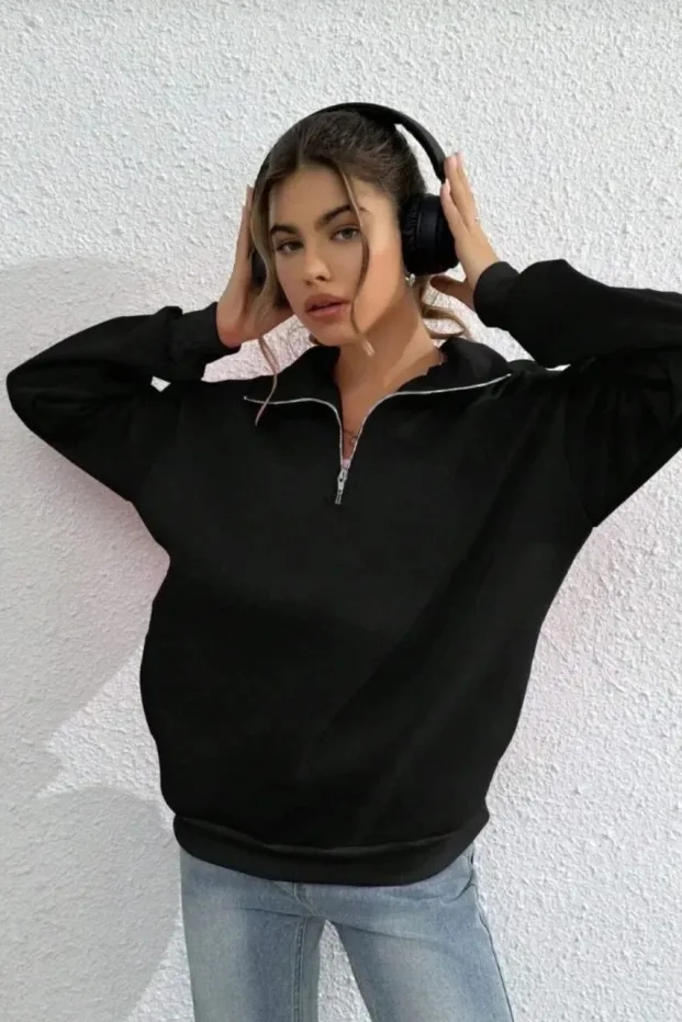 Kadın Siyah 3 İplik Pamuklu Yarım Fermuarlı Yakalı Sweatshirt 4