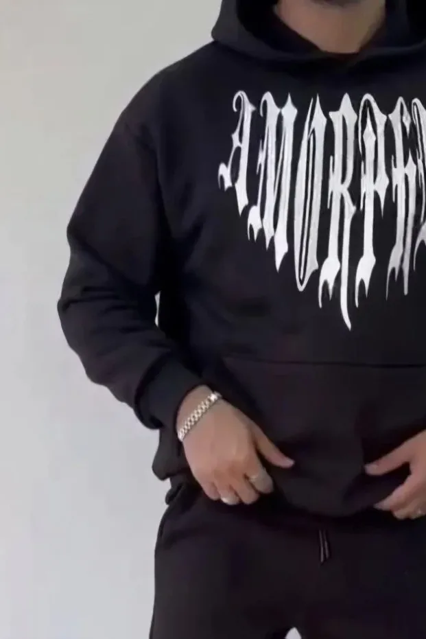 Férfi fekete 3 szálas pamut kapucnis nyomott sweatshirt 3