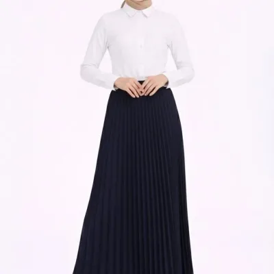 Women's Navy Blue Modest Pleated Skirt White Blouse Two-Piece Set 3