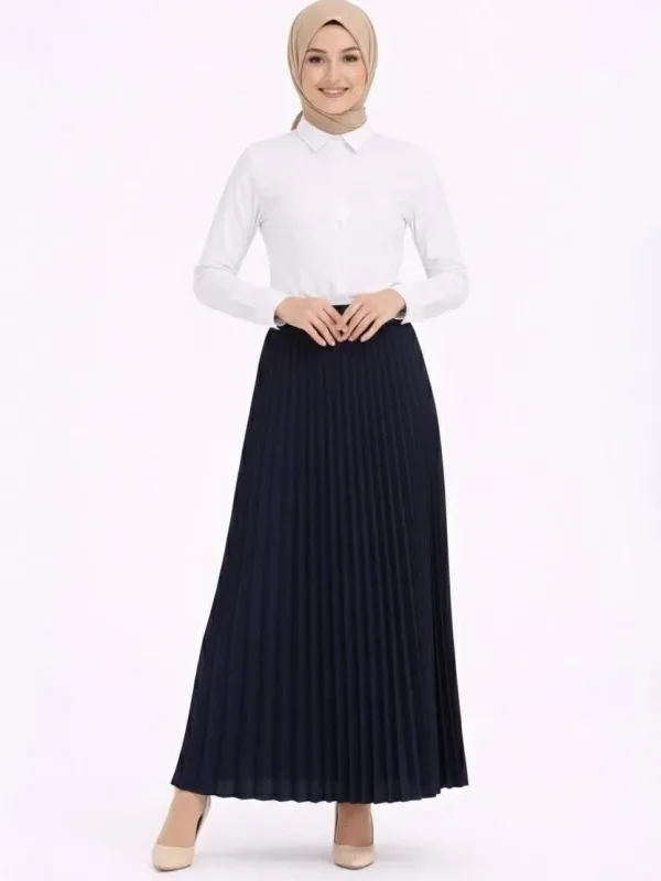 Women's Navy Blue Modest Pleated Skirt White Blouse Two-Piece Set 3