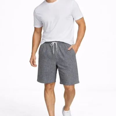 Men's Smoky Gray Gingham Elastic Waist Drawstring Pockets Summer Shorts 1