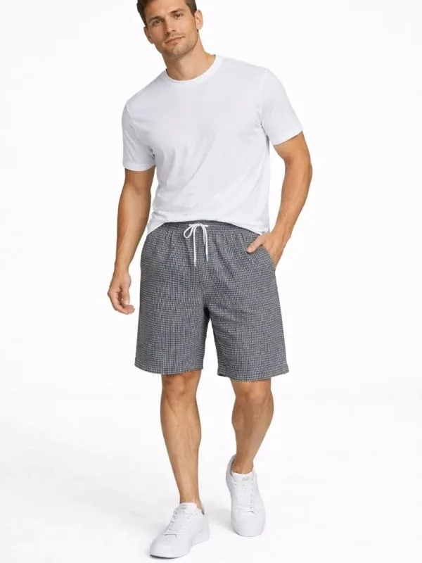 Men's Smoky Gray Gingham Elastic Waist Drawstring Pockets Summer Shorts 1