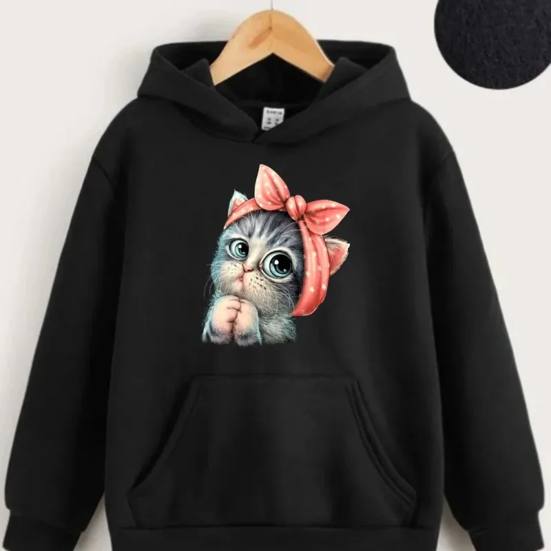 Zarok Reş Kapşonlu Şîrîn Pisîk Çapkirî Oversize Sweatshirt