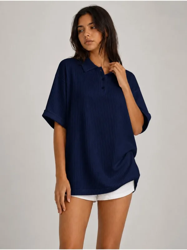 Blu Scuro Oversize Unisex Cotone Polo Collo T-Shirt